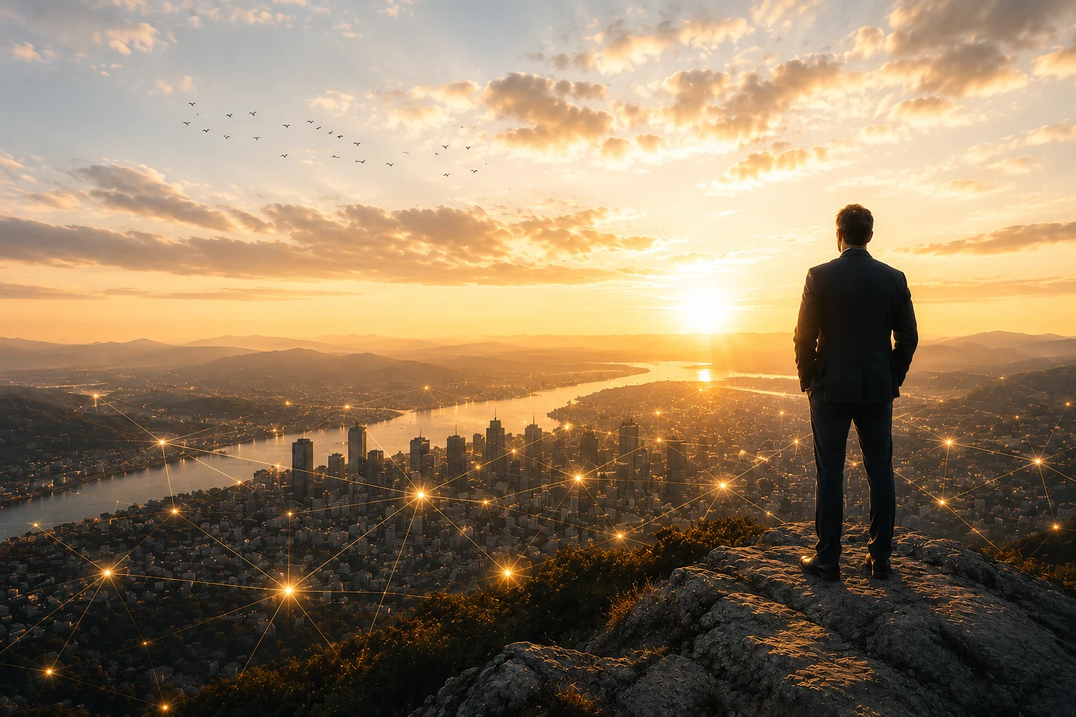 Goldener Sonnenaufgang ueber einer Stadtlandschaft mit vernetzten Lichtpunkten